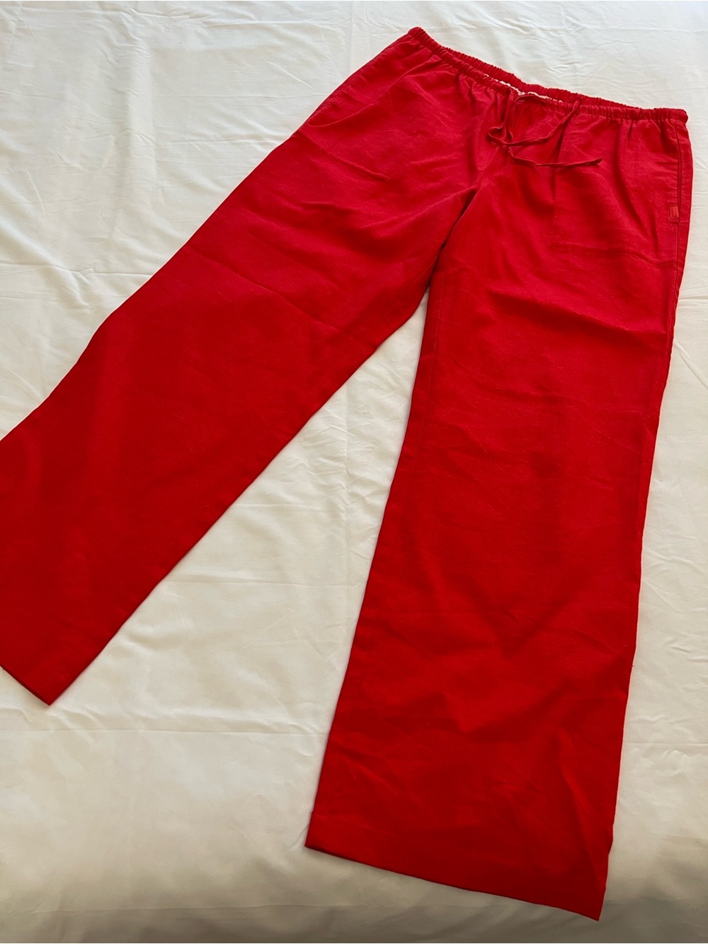 Calvin Klein Coral Red Linen Blend Wide Leg Drawstring Pants Size L